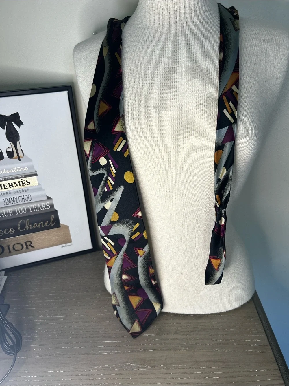 Oscar de la Renta Men's Black Geometric Print Tie with Purple and Gold Accents